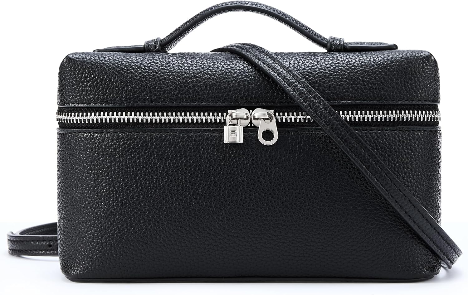 Black leather handbag with a shoulder strap on a white background